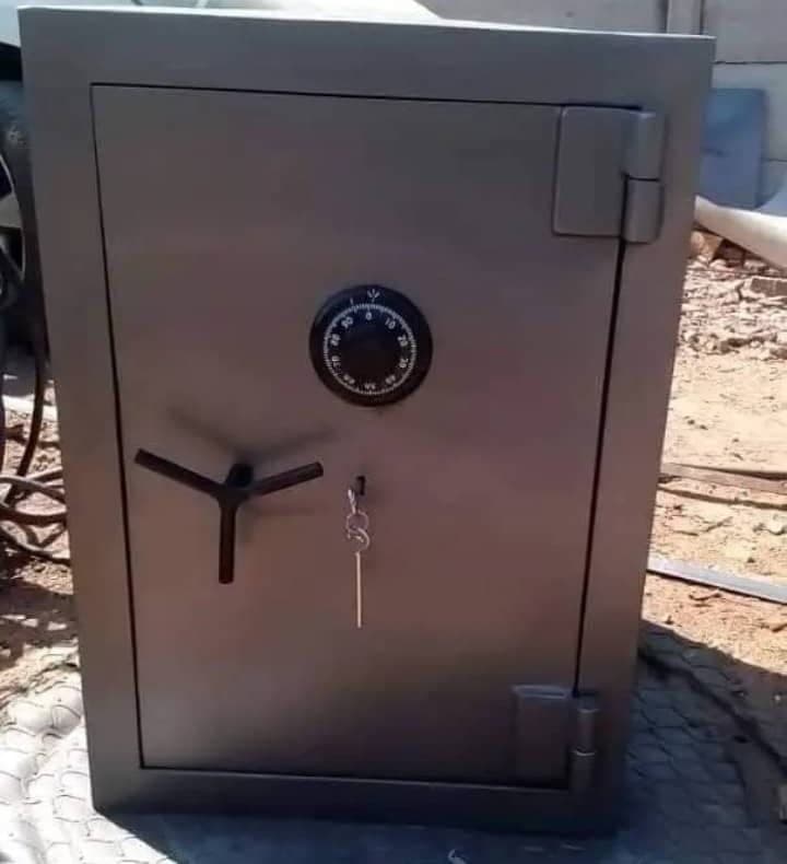 A Turnkey-built steel safe with combination dial, ready for delivery